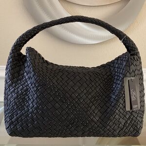 Falor Italy Handmade Black Woven Leather Large Shoulder Hobo Bag Magnetic Close